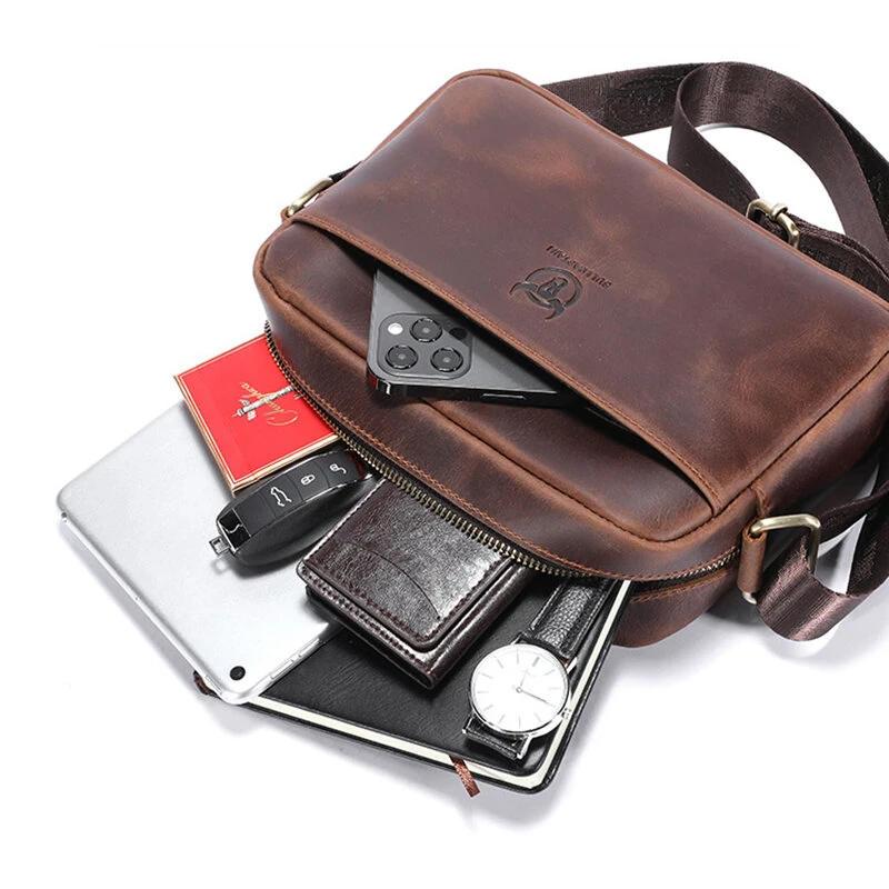 (image for) BULLCAPTAIN Men's Genuine Leather Shoulder Bag Retro Large Capacity Travel Bag Crazy Horse Leather Crossbody Bag Messenger Bag